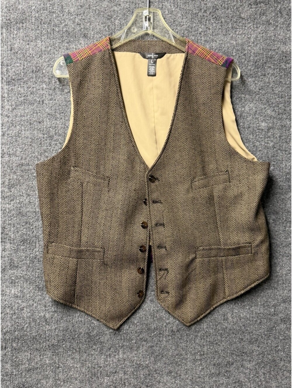 Houston White Target Herringbone Colorful Patchwork Vest Men’s L Wool Blend
